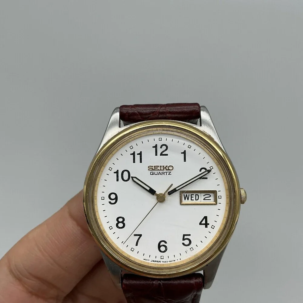 Vintage Seiko 7N43-8A39 Mens Watch 34mm Two Tone Leather Day Date New Battery